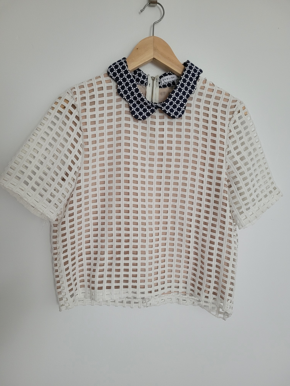 English Factory White Grid Mesh Top Navy Embroidered Scalopped Collar M Blouse